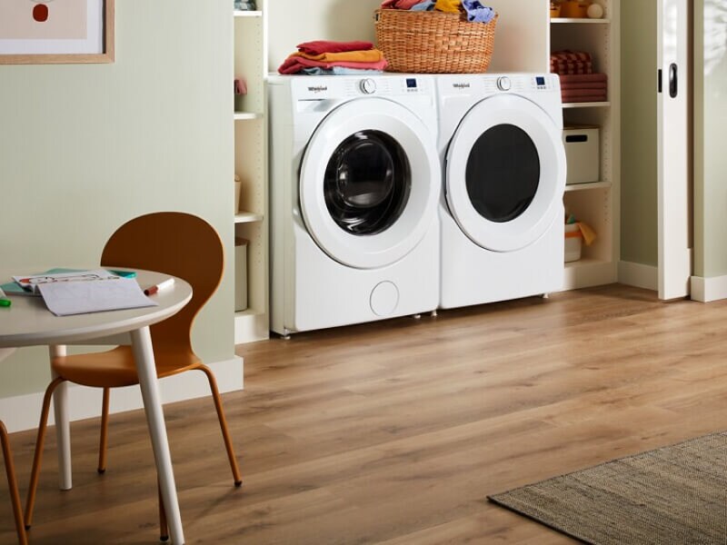 A matching white front loading washer and dryer A matching white front loading washer and dryer
