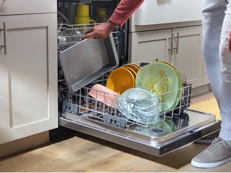 A person loading dishes into a dishwasher