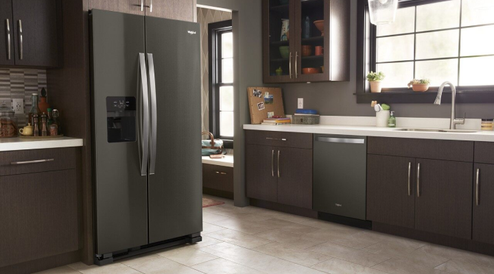 Black Whirlpool® Refrigerator and Dishwasher in a modern kitchen
