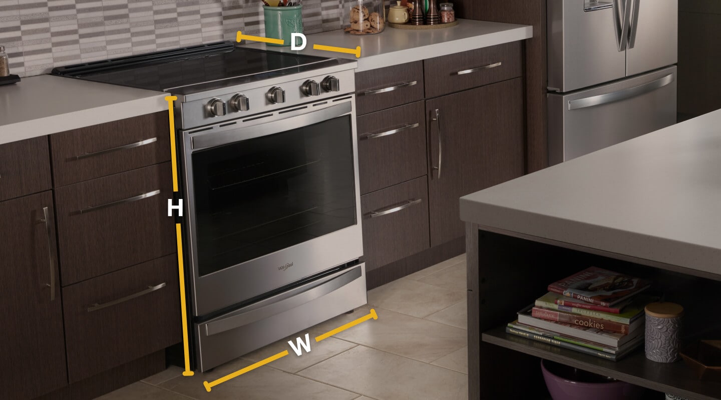 Slide-in range in modern kitchen with dimensions