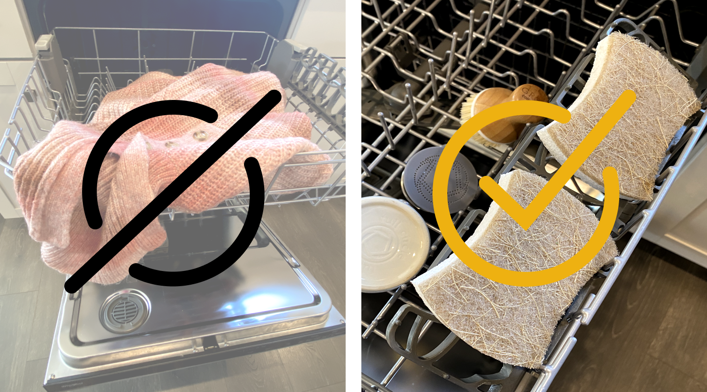 Side-by-side image of the do's and dont's of washing items in a dishwasher Side-by-side image of the do's and dont's of washing items in a dishwasher