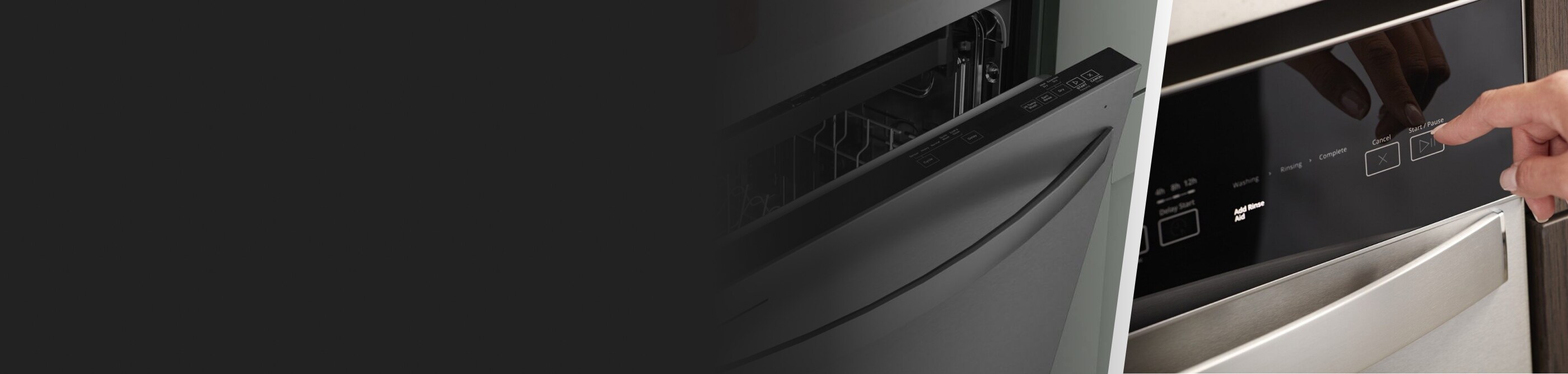 Close up of a top control dishwasher and a front control dishwasher.