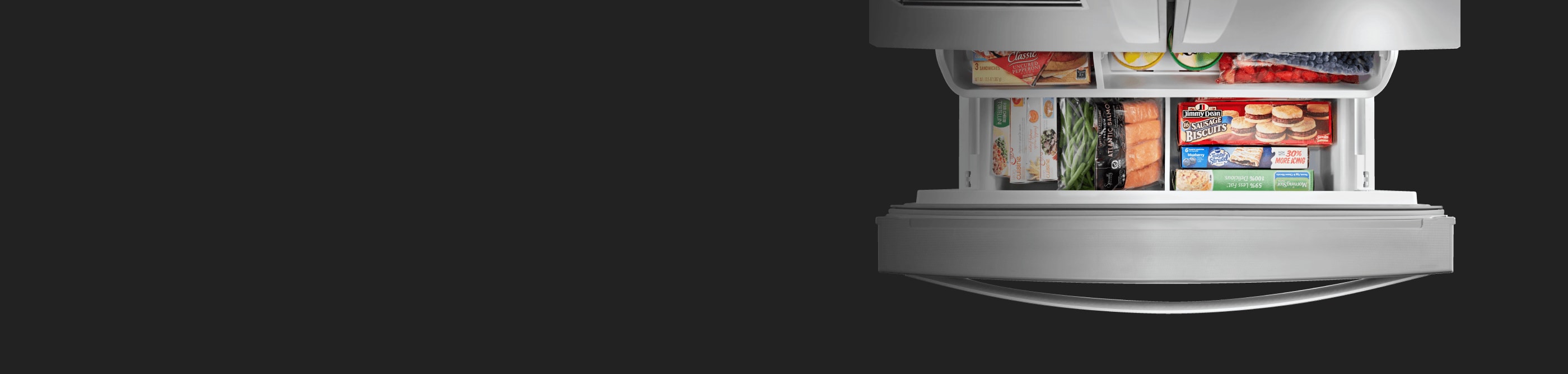 Bottom freezer open to show contents