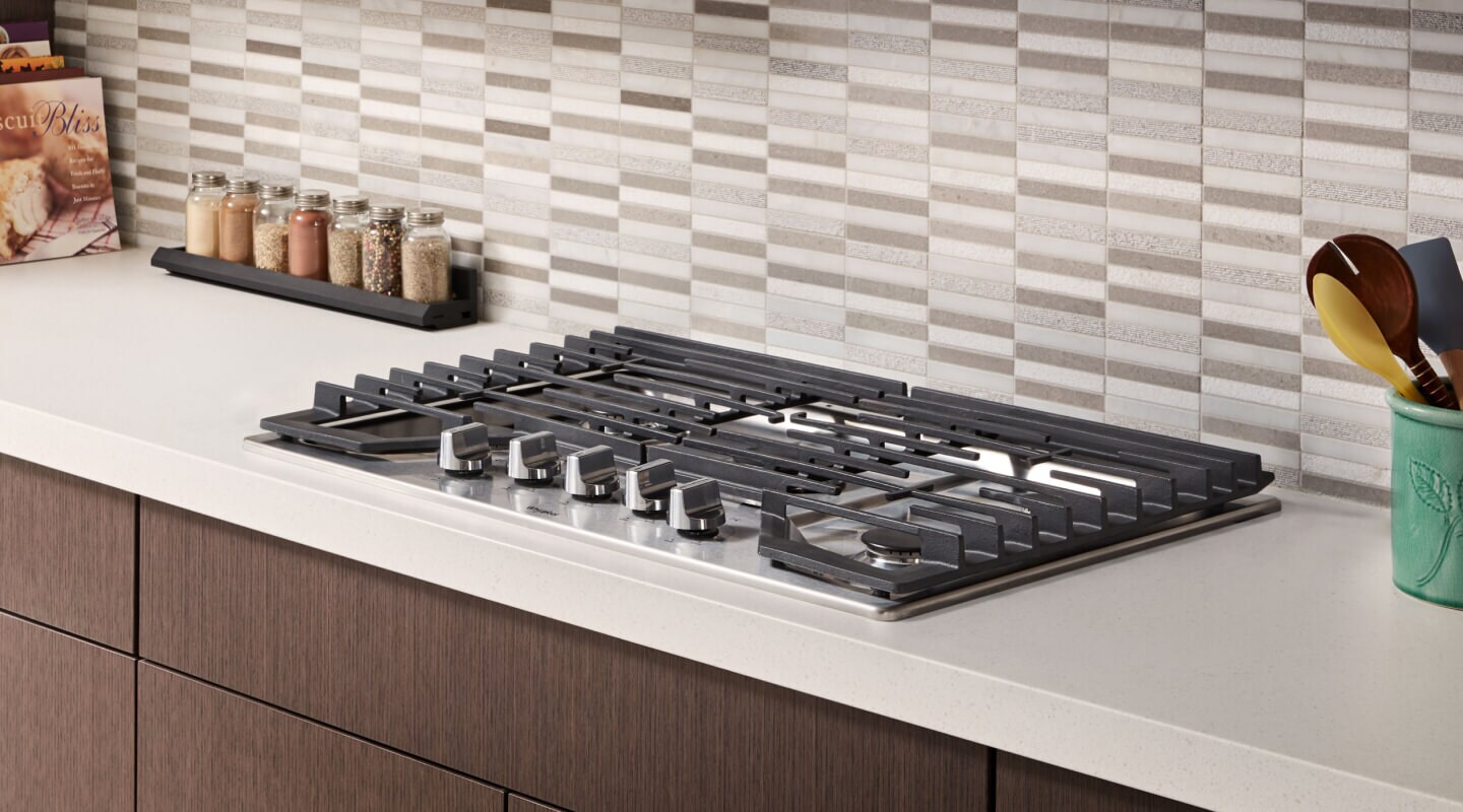 Whirlpool brand gas cooktop in a modern kitchen Whirlpool brand gas cooktop in a modern kitchen