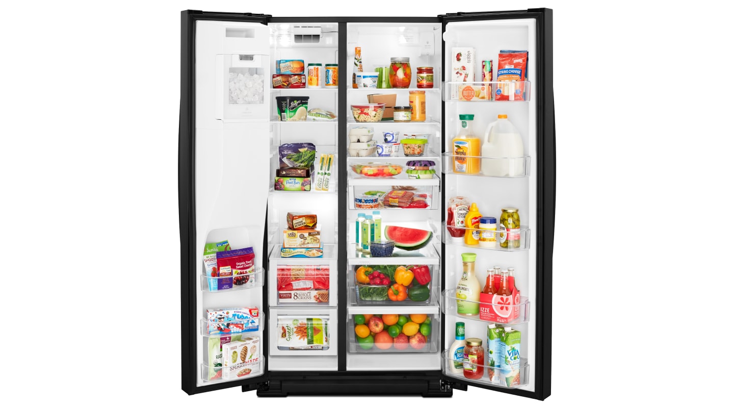 Open side-by-side refrigerator with food inside Open side-by-side refrigerator with food inside