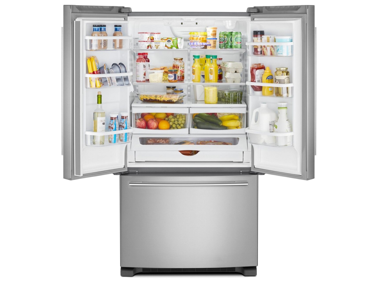 Open french door refrigerator with food inside Open french door refrigerator with food inside