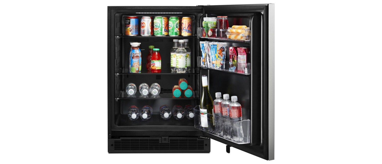 Open undercounter refrigerator with beverages inside Open undercounter refrigerator with beverages inside