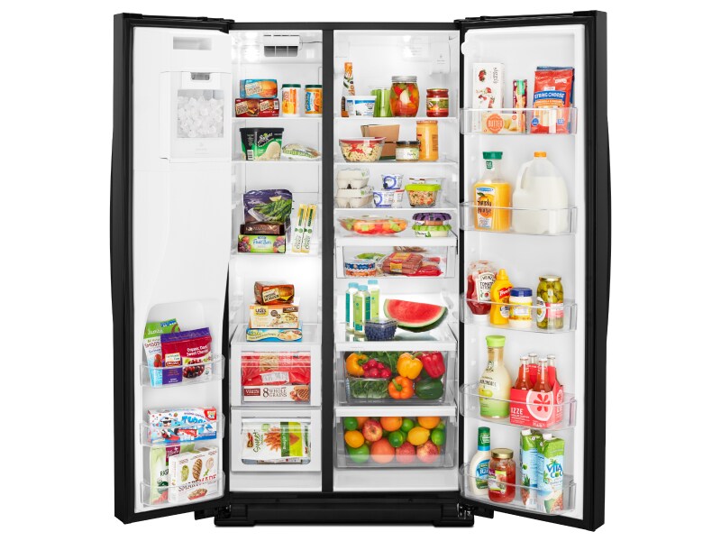Open side-by-side refrigerator with food inside Open side-by-side refrigerator with food inside