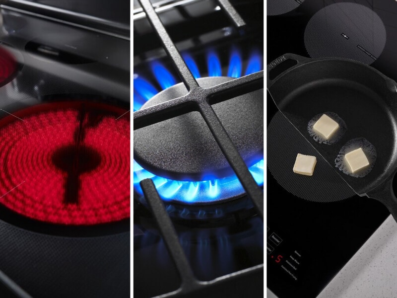 A closeup of electric, gas and induction cooking elements A closeup of electric, gas and induction cooking elements
