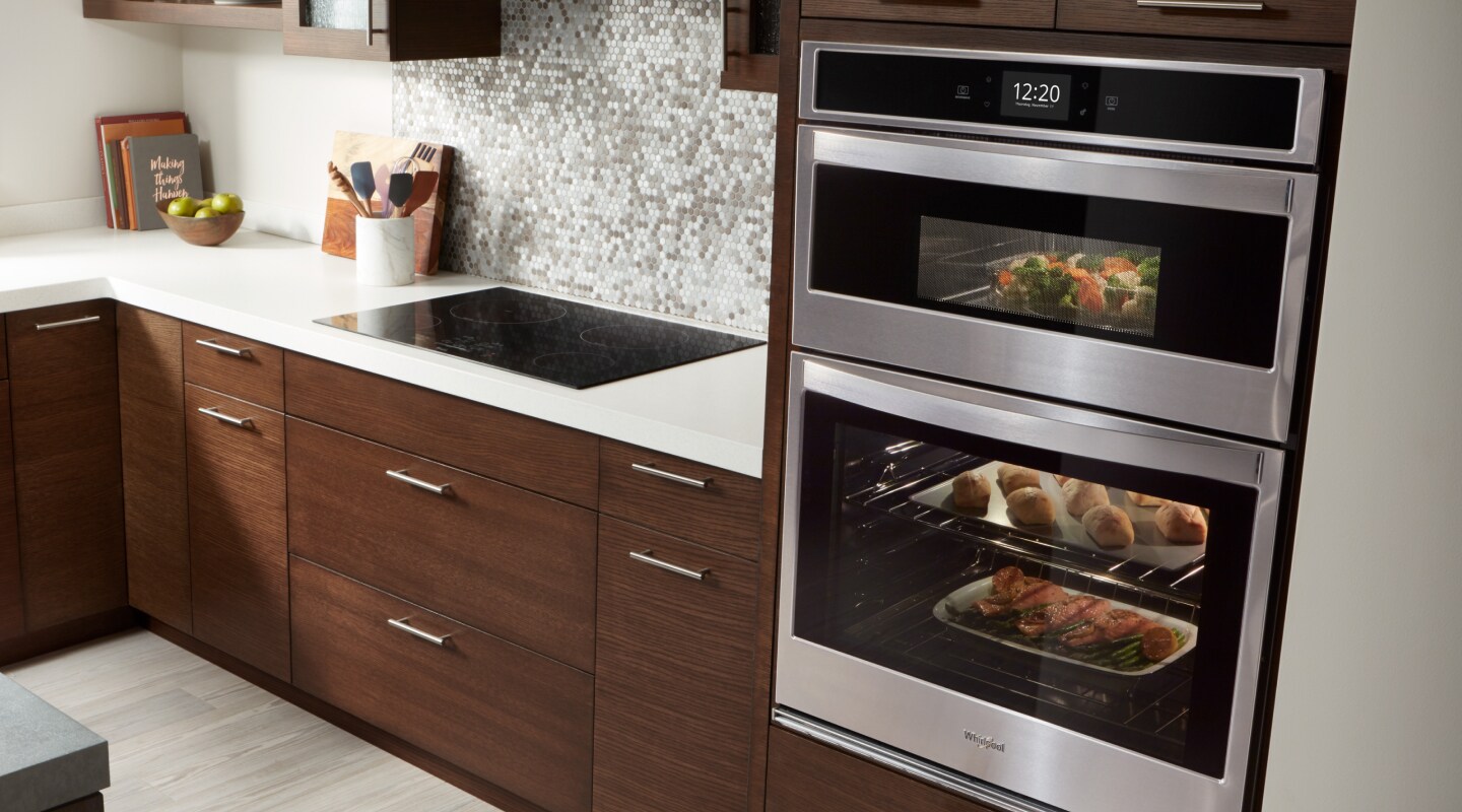 Various dishes cooking in a double wall oven Various dishes cooking in a double wall oven