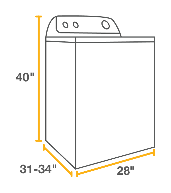 A graphic of a top load washer showing the dimensions