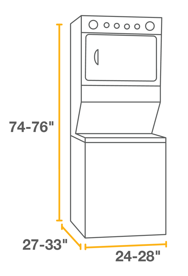 A graphic of a stacked laundry center showing the dimensions