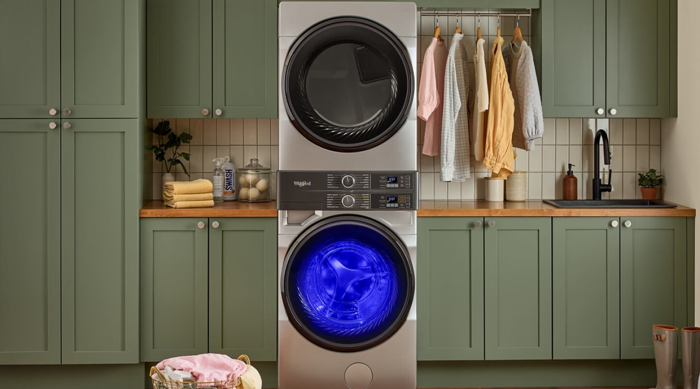 Whirlpool® Laundry Tower in a laundry room