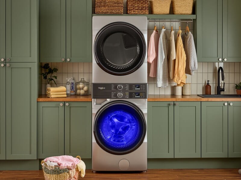Whirlpool® Laundry Tower in a laundry room