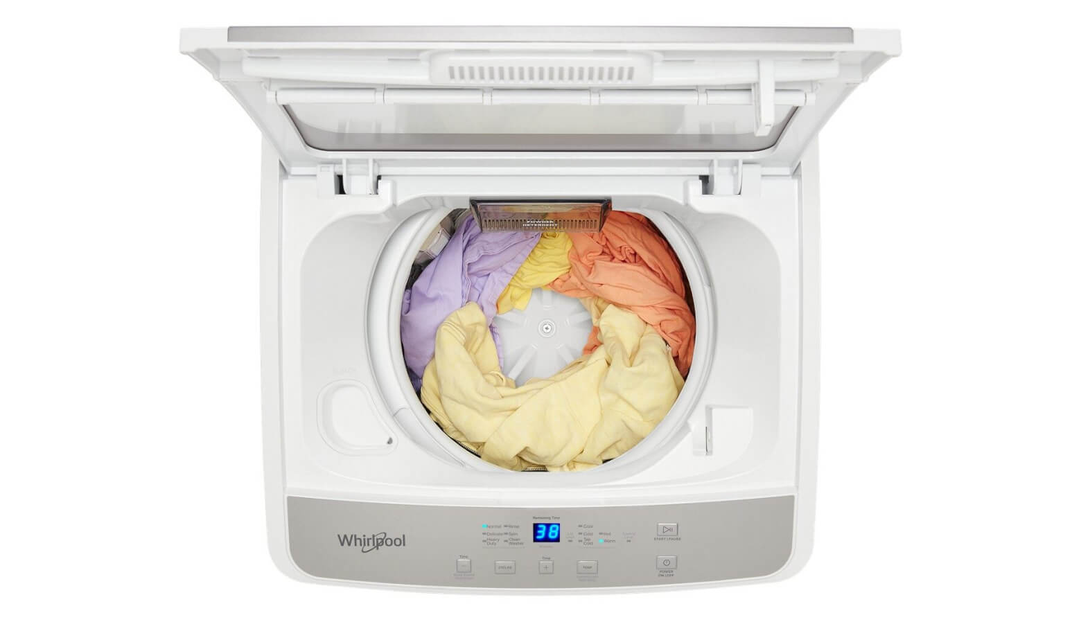 A Whirlpool® Compact Top Load Washer open with clothes inside A Whirlpool® Compact Top Load Washer open with clothes inside