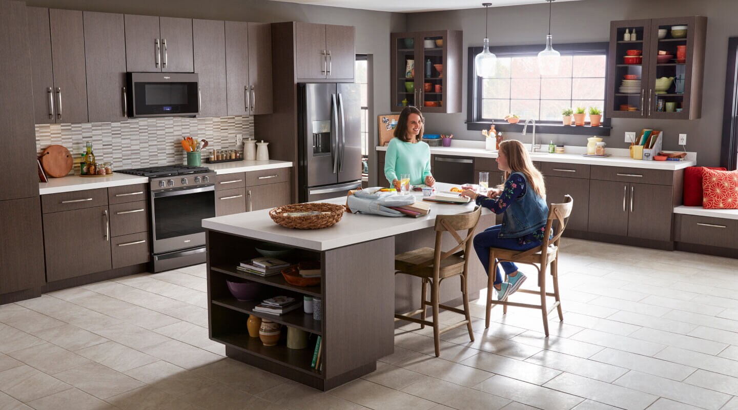 Two women sitting around a kitchen island Two women sitting around a kitchen island