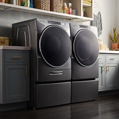 A large capacity washer and dryer set by Whirlpool brand