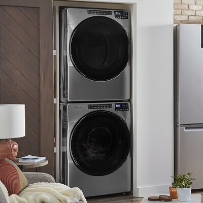 A stainless steel, stackable washer and dryer set by Whirlpool brand