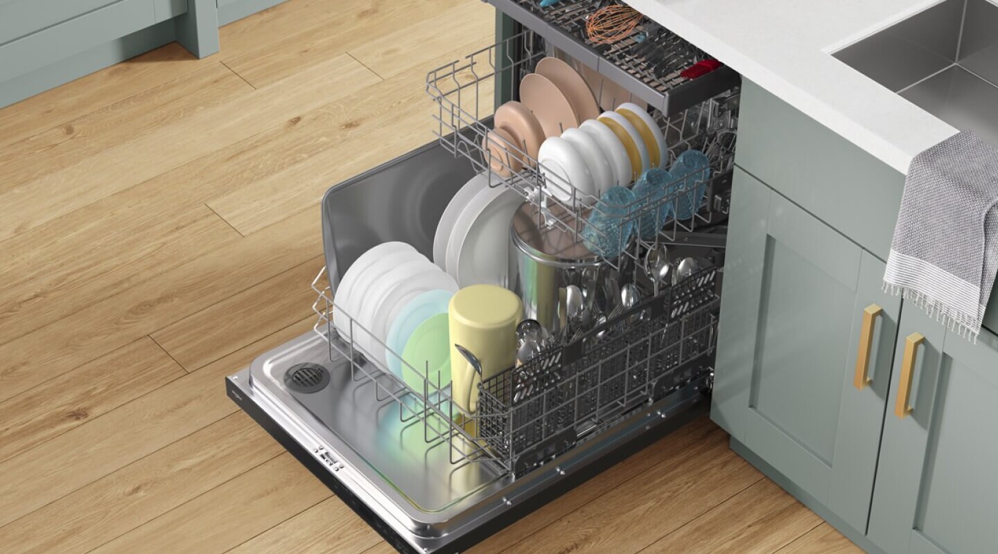 A dishwasher loaded with clean plates and bowls