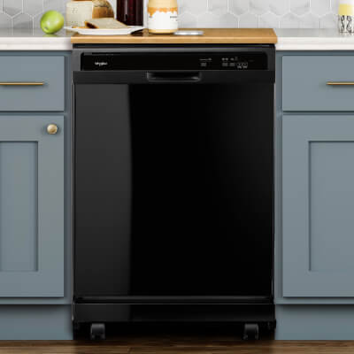 A black semi-integrated dishwasher with a front control panel and a towel handle placed between powder blue cabinets