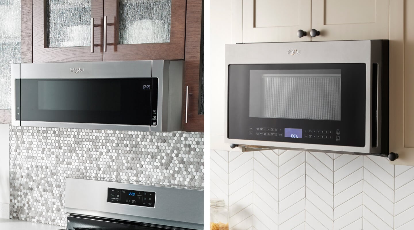 Side-by-side images of a Whirlpool® low profile microwave and a standard Whirlpool® over-the-range microwave