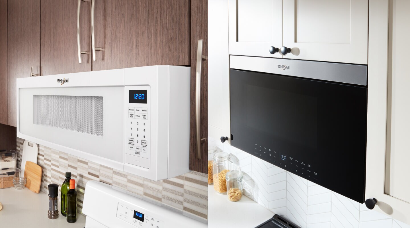 Side-by-side images of a Whirlpool® low profile microwave and a standard Whirlpool® over-the-range microwave