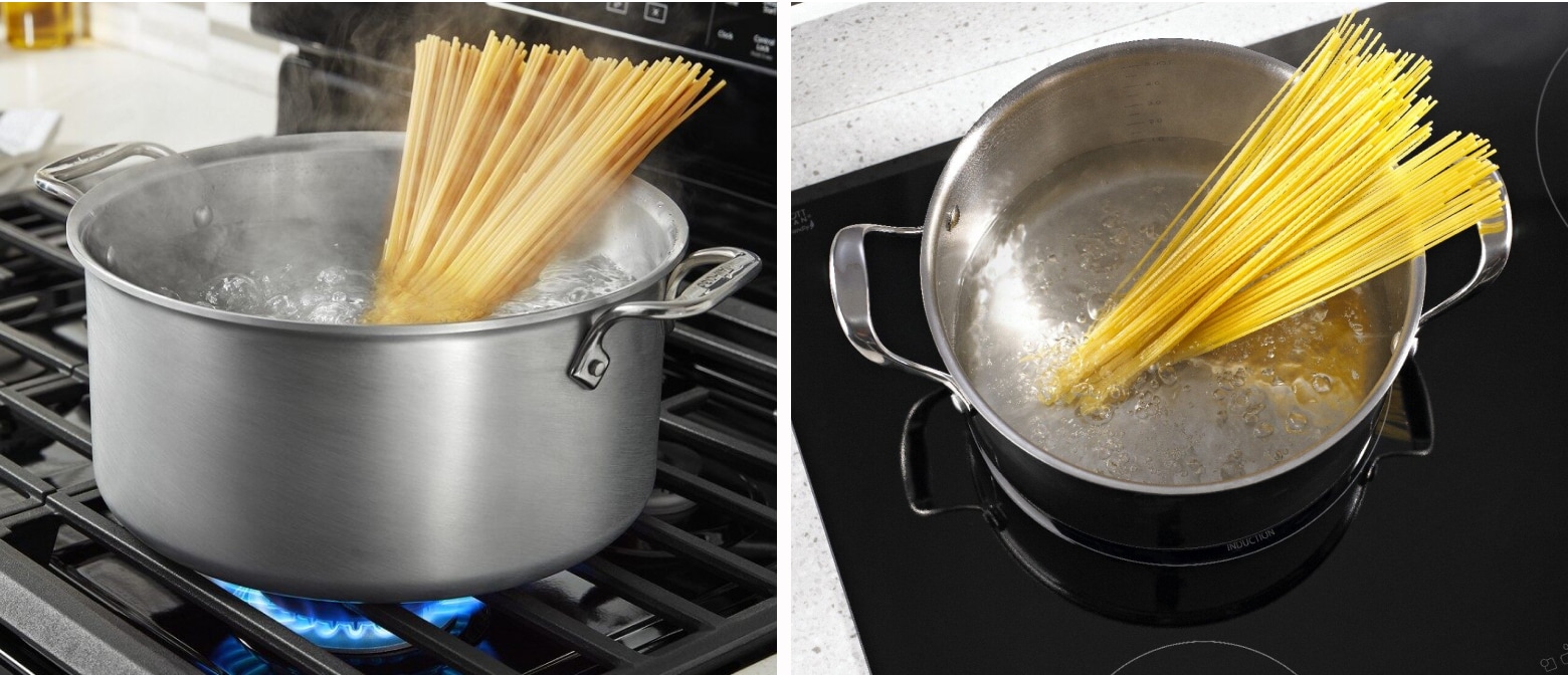 Spaghetti boiling in a pot on a gas stovetop vs. an induction cooktop Spaghetti boiling in a pot on a gas stovetop vs. an induction cooktop