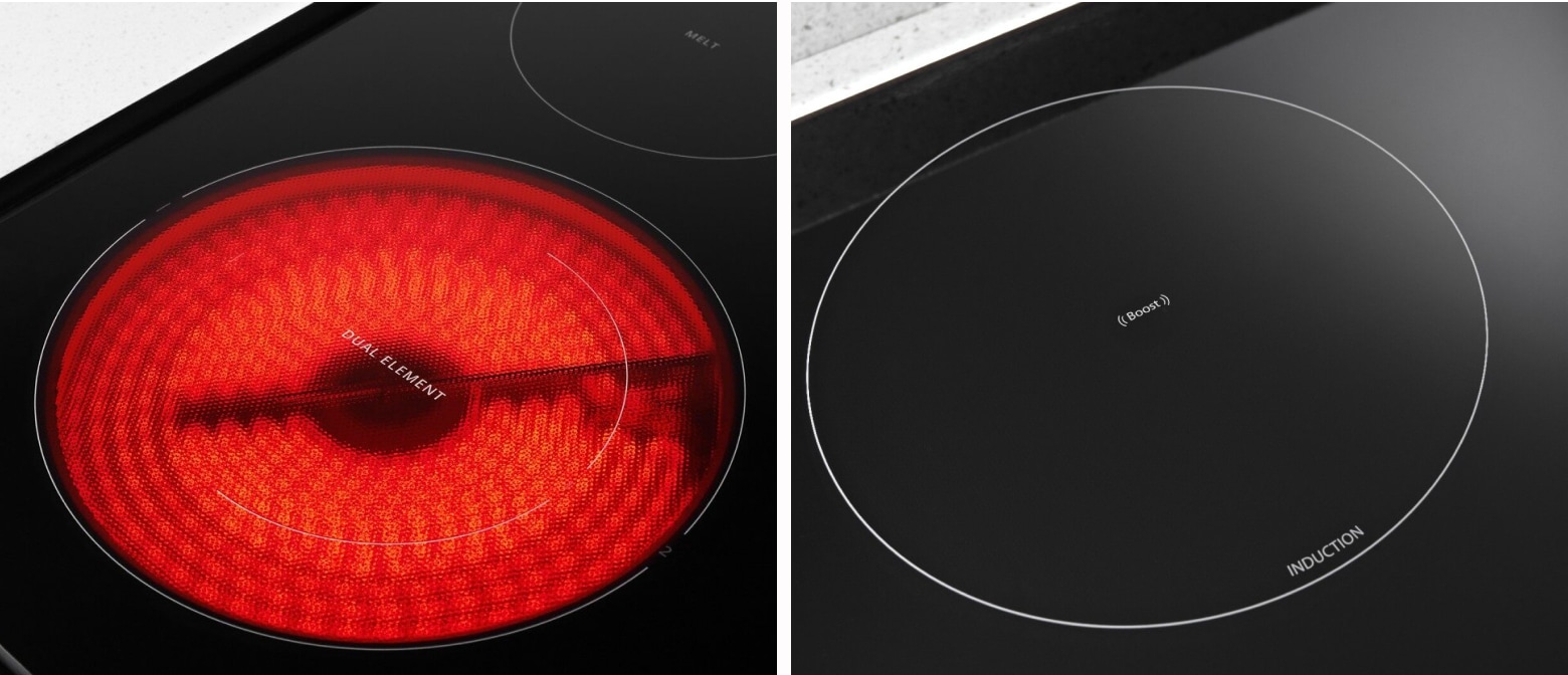 A glowing electric cooktop element compared to an induction cooktop element A glowing electric cooktop element compared to an induction cooktop element