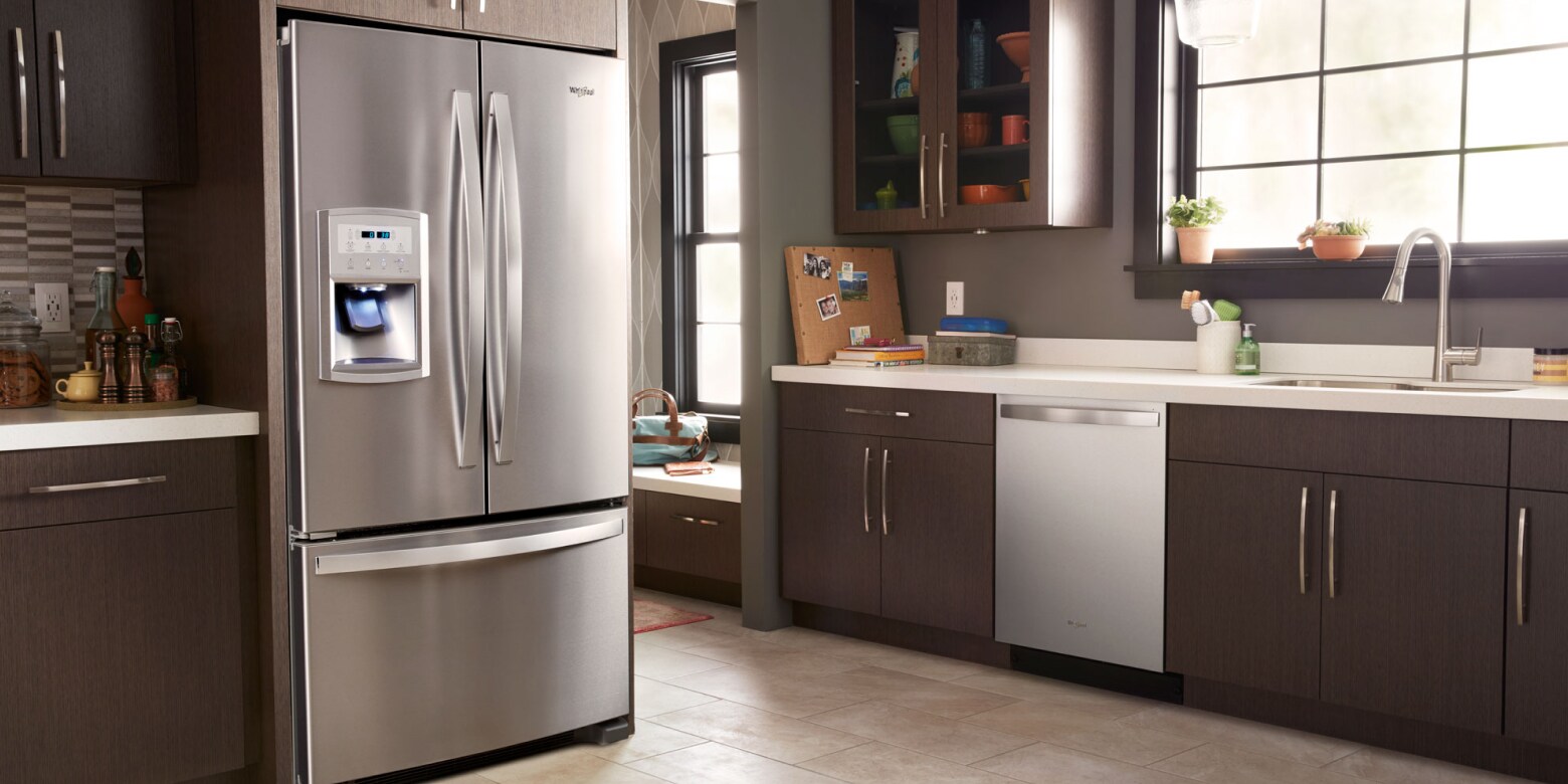 A stainless steel French door refrigerator with bottom freezer