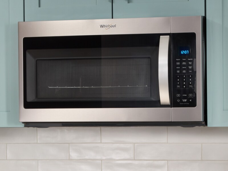 A stainless steel Whirlpool® over-the-range microwave