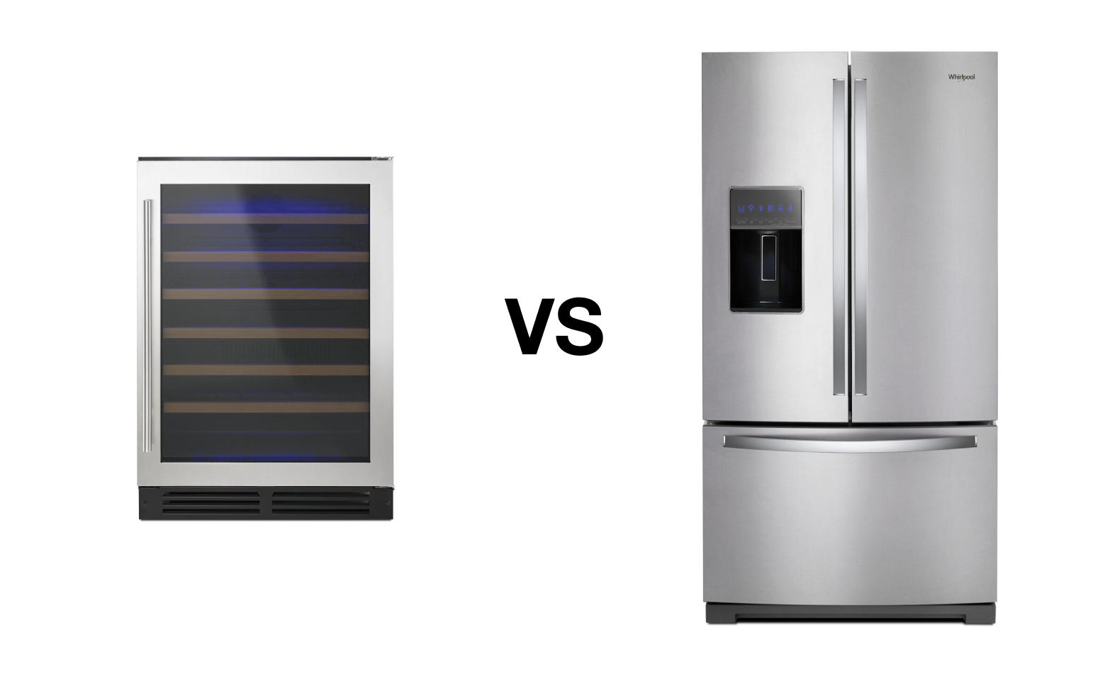 Built-in wine refrigerator next to silver top freezer refrigerator