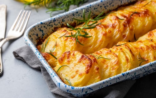 A close-up of au gratin potatoes