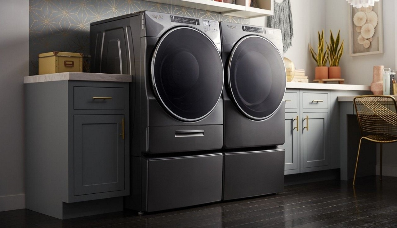 A front load laundry pair in a laundry room