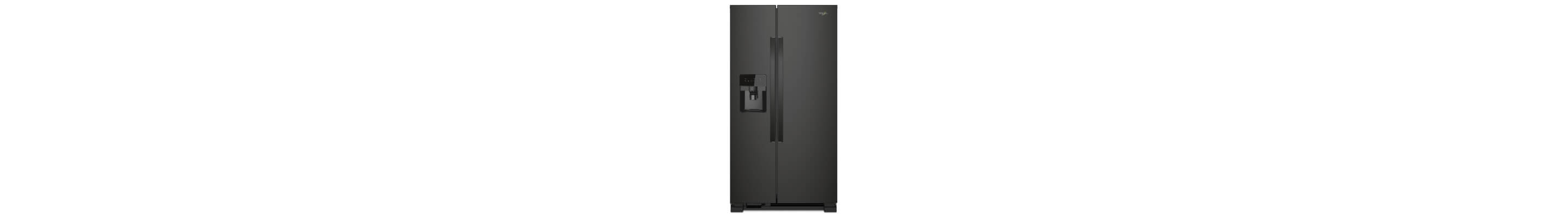 Black stainless Whirlpool® Side-by-Side Refrigerator with exterior ice and water dispenser