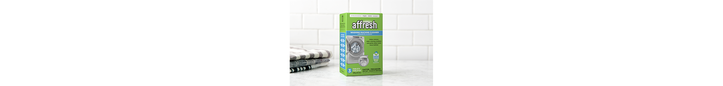 Affresh washing machine cleaner on a countertop.