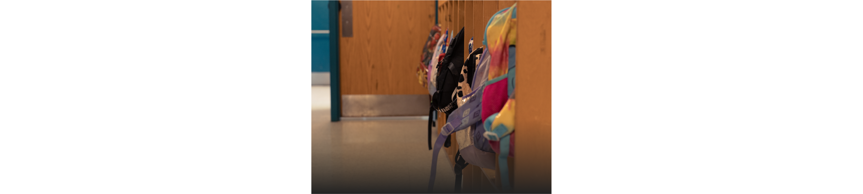 A row of children's backpacks in a cubby area