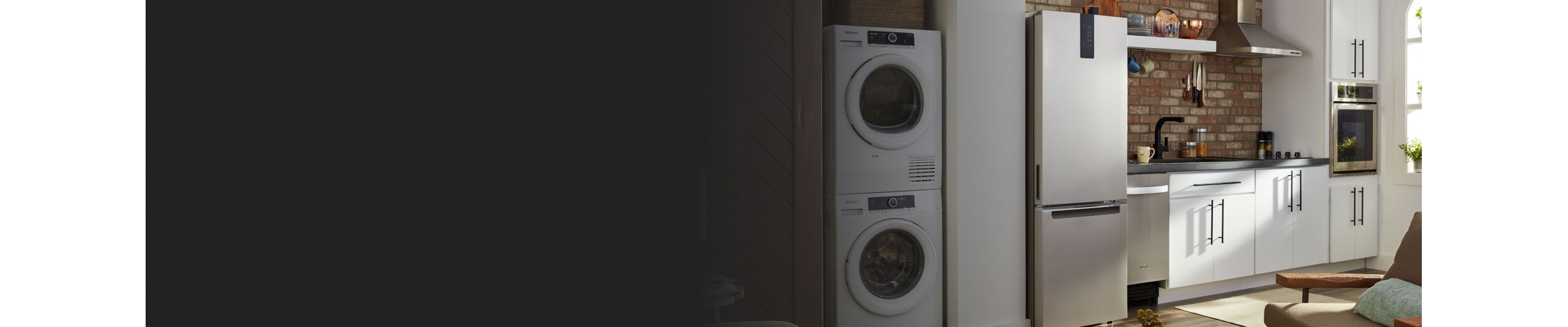 Small kitchen with compact appliances, including a washer and dryer