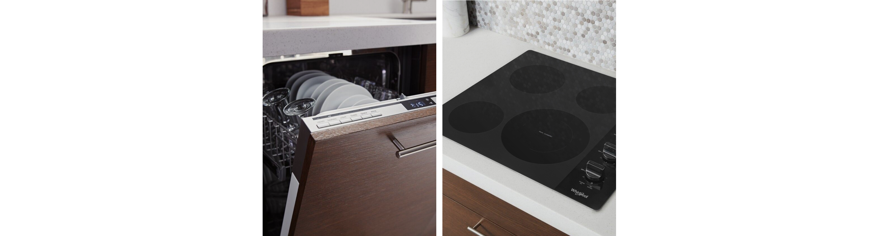 A Whirlpool® small space dishwasher and small space cooktop