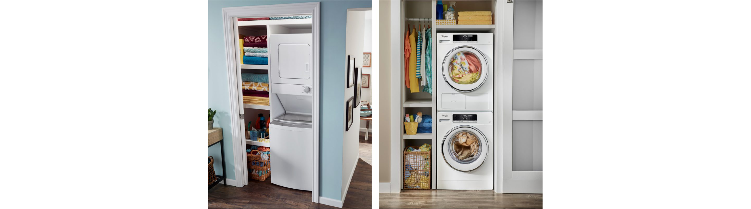 A stacked Whirlpool top load laundry set on the left, a stackable Whirlpool front load laundry set on the right.