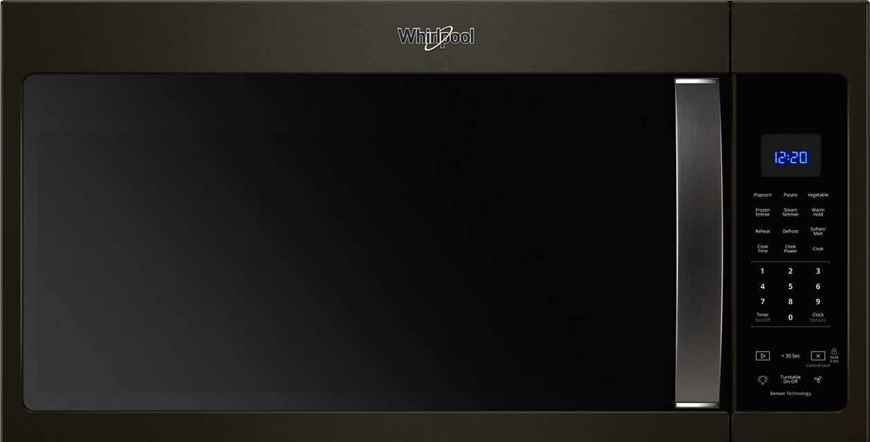 Microwaves with a matte black stainless steel finish from Whirlpool.