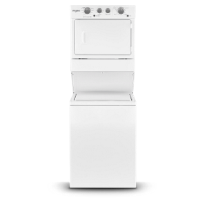 A white stacked laundry center.