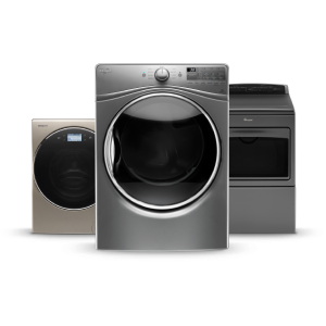 A group of three dryers - top load, front load, and all-in-one.