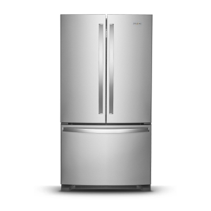 Stainless steel French door refrigerator.