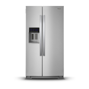 Stainless steel side-by-side refrigerator.