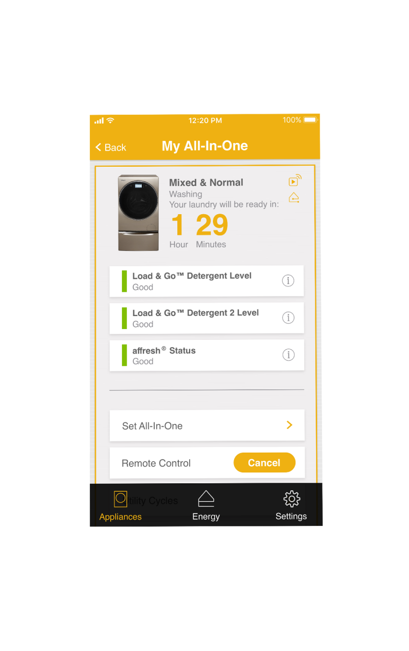 A smart phone with the Whirlpool app on the screen, sitting on a countertop surrounded by baking supplies.
