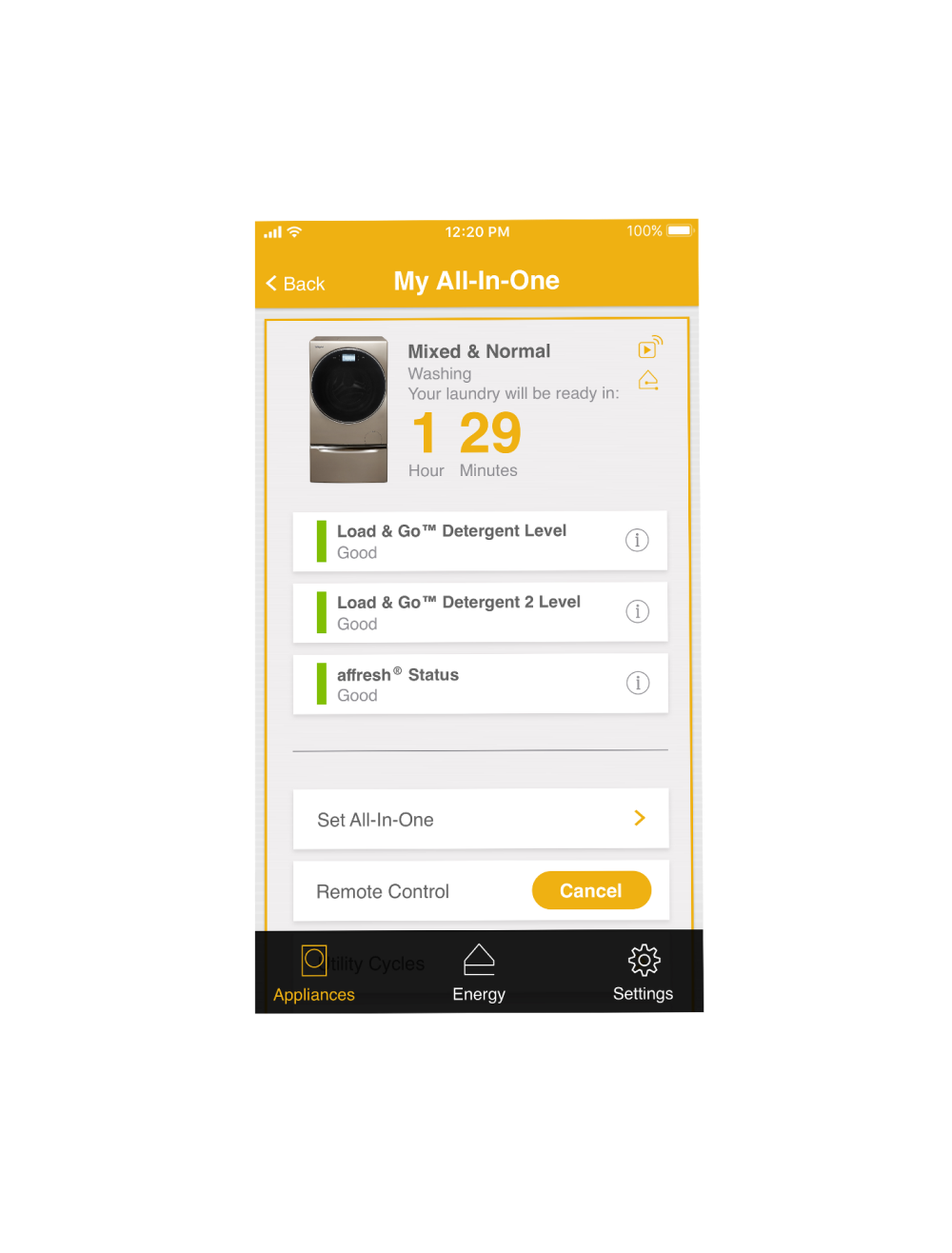 A smart phone with the Whirlpool app on the screen, sitting on a countertop surrounded by baking supplies.