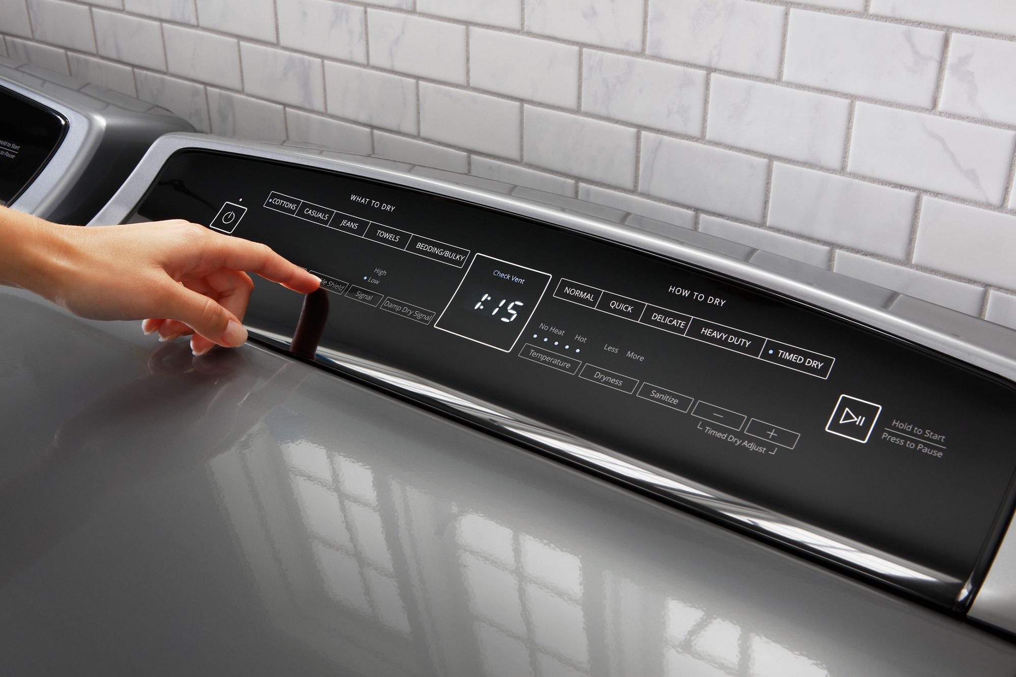 A close-up of Whirlpool® dryer controls.