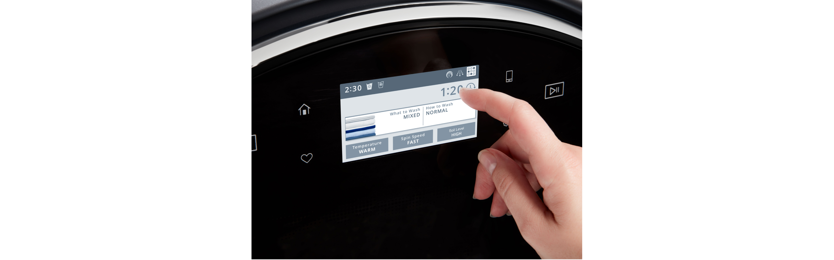 Touchscreen control system for front load washer and dryer.