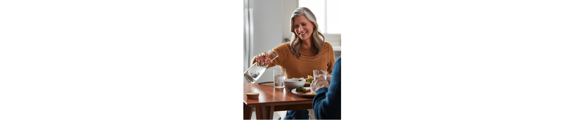 Une femme remplit un verre transparent avec de l'eau d'un pichet plein