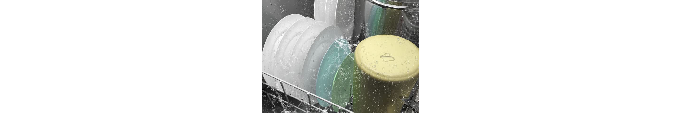 Water spraying plates and pots in a dishwasher